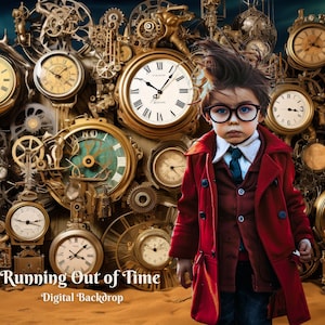 May include: A young person wearing a red coat and a tie stands in front of a large, intricate clockwork background. The background features numerous clocks and gears, creating a sense of time and movement. The text "Running Out of Time" is displayed at the bottom of the image.