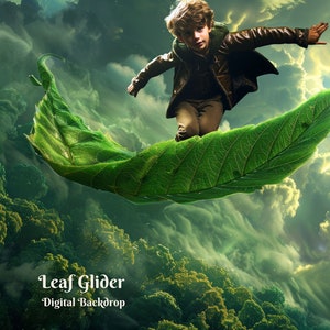 Digital bakgrund med lövglidare, flygande älva, flytande löv, digital bakgrund för barn, kreativa sammansatta bilder