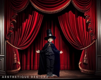 Center Stage with Red Velvet Curtains Digital Backdrop Magician Background Fun Background Photography Red Curtain Stage Photoshop Overlay