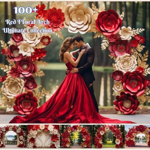 150 Red Floral Arch Backdrops Red and gold Photography Background  Red and White Elegant Paper Arch Collection Scarlet Theme Photo backdrop