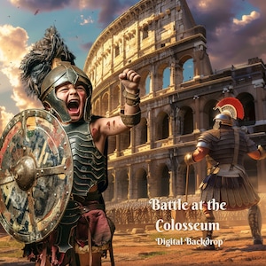 Può includere: Un giovane vestito da soldato romano, con uno scudo e una spada, si trova di fronte al Colosseo. La persona indossa un elmo e un'armatura, e guarda la telecamera. Il Colosseo è un grande anfiteatro antico a Roma, Italia. L'immagine è uno sfondo digitale.
