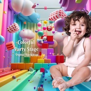May include: A colorful party stage backdrop with a baby sitting in the foreground. The backdrop features a rainbow of colors, with a variety of 3D shapes and textures. The text "Colorful Party Stage - Digital Backdrop" is visible on the backdrop.