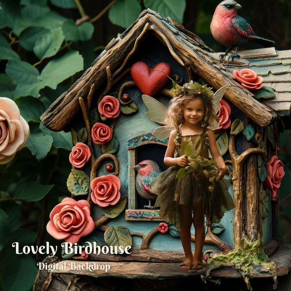 Lovely Birdhouse Digital Backdrop  for Pink Roses Little House Composite Image Clay Sculpture Birdhouse Digital Background for Bird Lovers