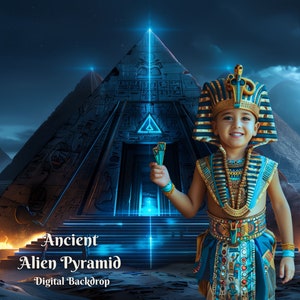 May include: A young child dressed as an Egyptian pharaoh stands in front of a large, blue glowing pyramid. The pyramid has a glowing blue entrance and is surrounded by sand dunes. The child is holding a golden staff and is smiling. The text "Ancient Alien Pyramid Digital Backdrop" is at the bottom of the image.