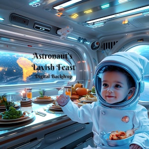 Astronaut&#39;s Lavish Feast Digital Backdrop for Advanced Future Technology Composite Images for Space Travel Creative Digital Overlay