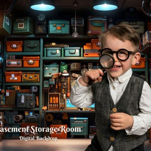Può includere: Un bambino piccolo con un gilet grigio e occhiali tiene una lente d'ingrandimento davanti al viso. È in piedi davanti a una stanza di stoccaggio del seminterrato disordinata con scaffali pieni di vari oggetti. Il testo "Basement Storage Room - Digital Backdrop" è visibile nella parte inferiore dell'immagine.
