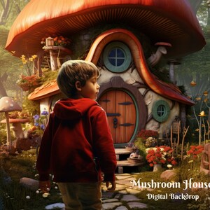 May include: A young boy stands in front of a whimsical mushroom house with a red cap and a brown door. The house is surrounded by lush greenery and flowers. The text "Mushroom House Digital Backdrop" is at the bottom of the image.