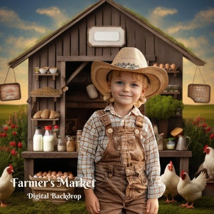 May include: A young boy wearing a straw cowboy hat and overalls stands in front of a wooden farmer's market stand. The stand is filled with various goods, including milk bottles, eggs, and bread. There are chickens in the foreground and a sign that reads "Farmer's Market - Digital Backdrop".
