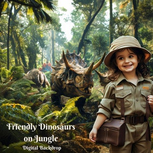 Friendly Dinosaurs on Jungle Digital Backdrop Triceratops Herd Digital Background for Jurassic Period Dinosaurs Creative Composite Images