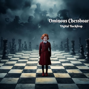 Échiquier inquiétant, toile de fond numérique, fond numérique d'échecs sombre, pièces d'échecs géantes, fond photo pour images composites créatives