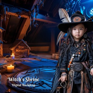 May include: A child in a black witch costume with a hat and feathers, in a dimly lit room with candles and a small wooden house. The image includes the text "Witch's Shrine Digital Backdrop".