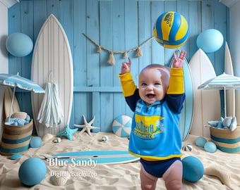Blue Sandy Beach Shack Digital Backdrop Summer Outing Digital Background for Summer Vacation Backdrops Beach Surfing Lover Composites