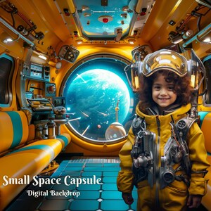 May include: A young person wearing a yellow spacesuit with a helmet and a large window behind them showing a blue and green planet. The person is standing in a small yellow and blue spaceship with a digital backdrop that says "Small Space Capsule - Digital Backdrop".