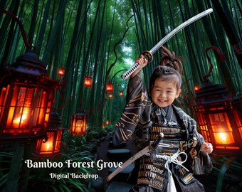 May include: A young person dressed in traditional Japanese clothing holds a sword in a bamboo forest. The forest is lit by glowing red lanterns.