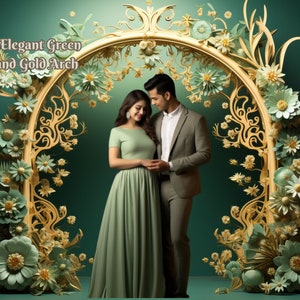Green Floral Arch Backdrop Green and Gold Digital Backdrop Green Flower Arch Pre-Wedding Photography Background  Light  Green Floral Arch