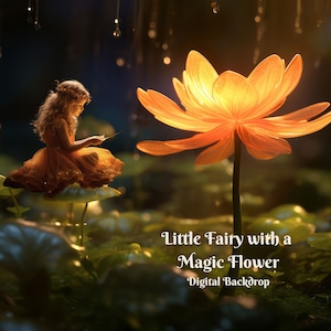 Puede incluir: Una niña con un vestido dorado se sienta en una hoja de nenúfar en un entorno de bosque mágico. Una gran flor naranja brillante con un centro amarillo florece sobre ella. El texto "Little Fairy with a Magic Flower - Digital Backdrop" está escrito debajo de la flor.