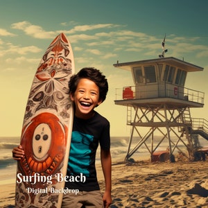 Surfing Beach Digital Backdrop Summer Outing Digital Background for Summer Vacation Creative Composite Images Sandy Beach Backdrop