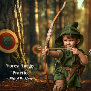 May include: A young person dressed as a forest archer, wearing a green hooded tunic and holding a bow and arrow, aiming at a target in a forest setting. The text "Forest Target Practice Digital Backdrop" is visible at the bottom of the image.