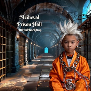 Peut inclure: Une toile de fond numérique représentant un hall de prison médiéval avec des murs de pierre et des fenêtres grillagées. Le hall est faiblement éclairé et possède un long couloir étroit menant à une source de lumière lointaine. Le texte "Medieval Prison Hall" et "Digital Backdrop" est affiché en haut de l'image.