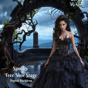 May include: A woman in a black gown stands in a spooky tree vine stage backdrop. The backdrop features a dark, cloudy sky and a large, twisted tree with vines. The woman's gown is adorned with lace and feathers, and she has a dark, dramatic makeup look.