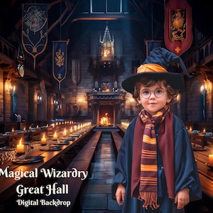 May include: A young person dressed as a wizard stands in front of a digital backdrop of a magical wizardry great hall. The hall is dimly lit with candles and has long tables with chairs. The wizard is wearing a black robe with a burgundy scarf and a pointed hat with a gold band. The backdrop says "Magical Wizardry Great Hall - Digital Backdrop".