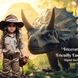 Triceratops Friendly Encounter Digital Backdrop Jungle Dinosaur Digital Background for Jurassic Period Dinosaurs Creative Composite Images