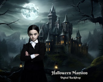 Halloween Mansion Digital Backdrop Spooky Black Mansion Digital Background for Halloween Composite Images Creepy  Manor Photo Background