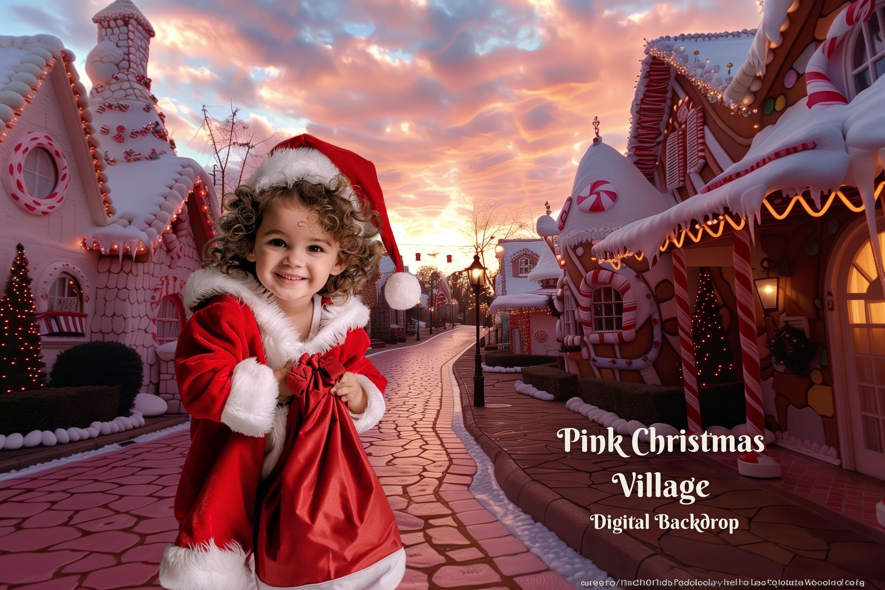 Pink Christmas Village Digital Backdrop Winter Wonderland Digital ...