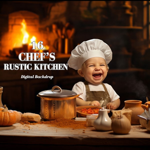 16 Little Chef's Rustic Kitchen Digital Backdrop Young Chef Photography Backgrounds for Composite Images Cooking Digital Backgrounds