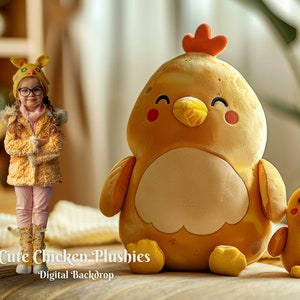 May include: Two yellow plush chicken toys. The larger chicken has a red comb and a yellow beak. The smaller chicken has a yellow comb and a yellow beak. Both chickens have black eyes and a happy expression. The text "Cute Chicken Plushies - Digital Backdrop" is written below the chickens.