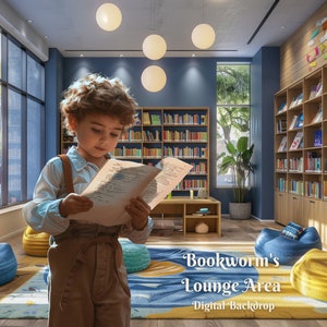 Bookworm&#39;s Lounge Area Digital Backdrop  Library Books Photography Background Book Lover Creative Background for Bookshelf Composite Images