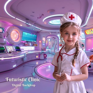 May include: A young girl dressed as a nurse stands in a futuristic clinic setting. The room is decorated with white and pink accents and features medical equipment, including a monitor displaying a heart rate.
