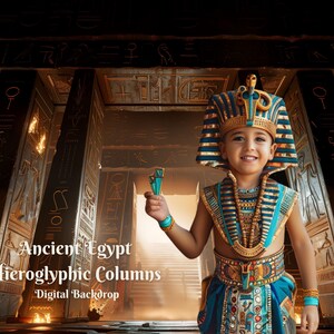 Puede incluir: Una persona joven vestida como un faraón egipcio se encuentra frente a un fondo digital de columnas egipcias antiguas con jeroglíficos. La persona lleva un traje azul y dorado con un tocado y sostiene un pequeño objeto azul.
