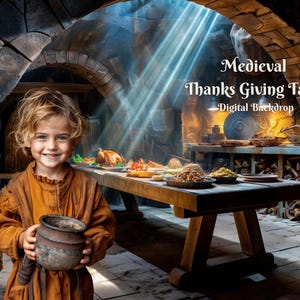 May include: A digital backdrop featuring a medieval-style Thanksgiving table setting with a wooden table, food, and a young person holding a bowl. The text "Medieval Thanks Giving Table - Digital Backdrop" is displayed above the table.