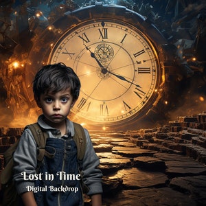 May include: A young boy with dark hair and a serious expression stands in front of a large, antique clock face. The clock is set against a backdrop of crumbling brick and stone, suggesting a scene of time and decay. The text "Lost in Time" and "Digital Backdrop" is visible at the bottom of the image.