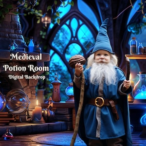 May include: A young wizard dressed in blue robes and a pointed hat stands in a medieval potion room. The room is filled with bubbling potions, glowing orbs, and a fireplace. The text "Medieval Potion Room" is displayed on the wall.