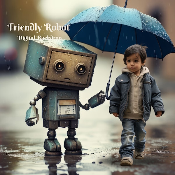 Friendly Robot Digital Backdrop Robot Lover Photo Background Walking in the Rain Digital Backdrop for Creative Composite Images