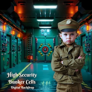Peut inclure: Un jeune portant un uniforme militaire kaki et une casquette bleu foncé se tient dans un couloir sombre et futuriste avec des portes métalliques vertes et des lumières brillantes. Le texte "High Security Bunker Cells" et "Digital Backdrop" est visible en bas de l'image.
