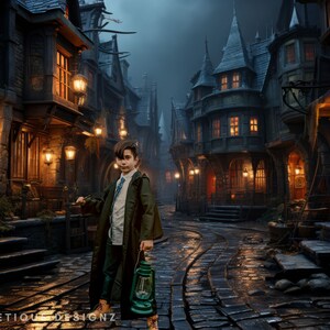 May include: A young person dressed in a dark green robe and a blue tie walks down a cobblestone street in a dark, fantasy-themed town. The street is lined with old, stone buildings with lit windows. The person is holding a lantern in one hand and a stick in the other.