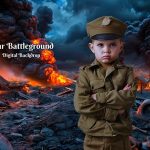 May include: A young person wearing a brown military uniform stands in front of a war-torn landscape. The background features smoke, fire, and debris. The text "War Battleground Digital Backdrop" is visible at the top of the image.