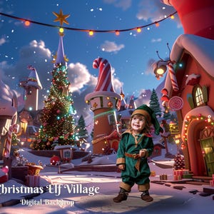 May include: A Christmas Elf Village digital backdrop featuring a snow-covered village with candy cane lights, a large Christmas tree, and a young elf wearing a green suit and a pointed hat.
