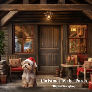 Christmas by the Porch Digital Backdrop Rustic Cabin Digital Background Festive Season Digital Background for Christmas Composite Images