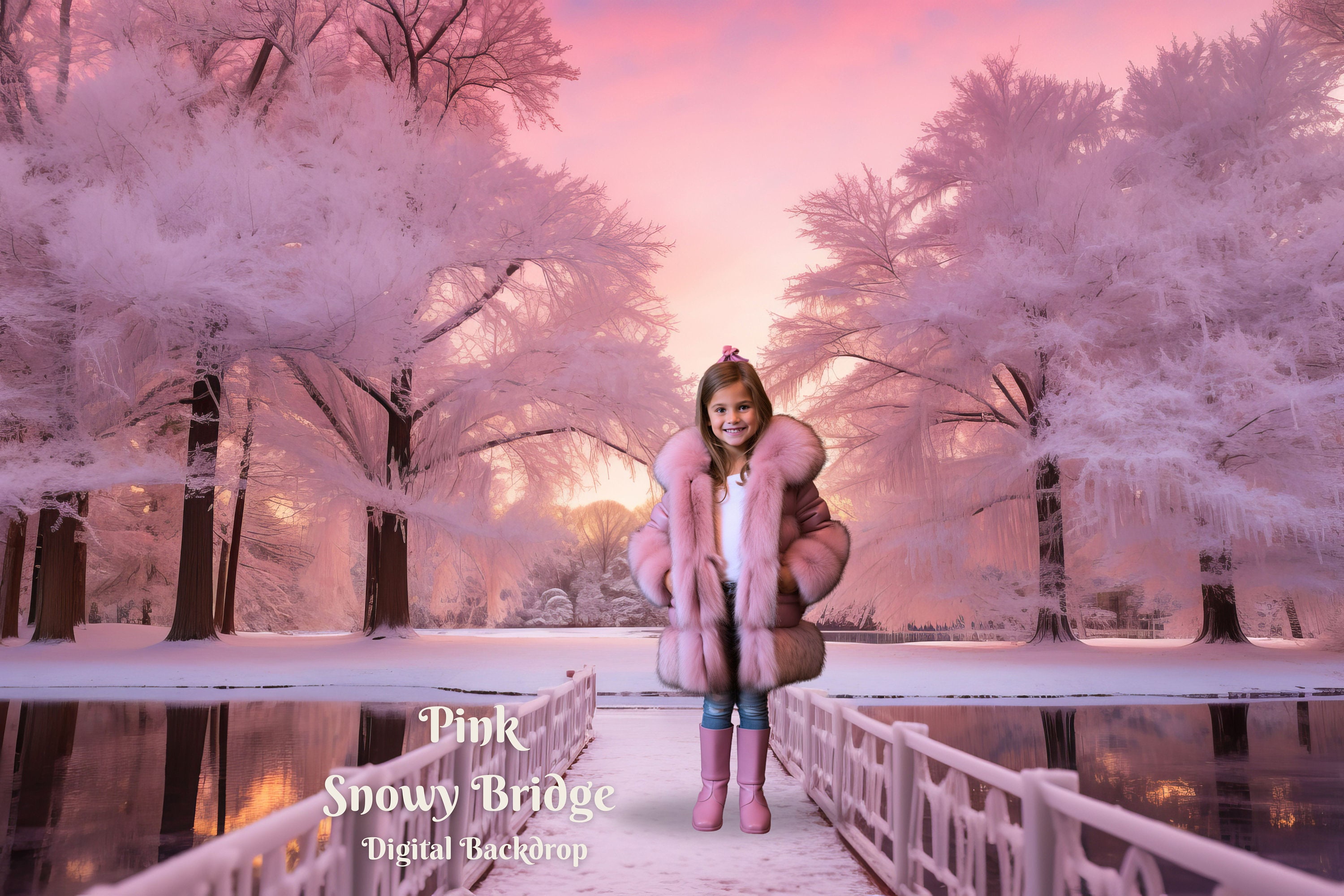 Pink Snowy Bridge Digital Backdrop Blush Winter Digital Background ...