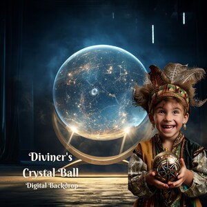 May include: A young person dressed as a fortune teller holds a small crystal ball in their hands. The background features a large crystal ball with a glowing city inside, and the text "Diviner's Crystal Ball" and "Digital Backdrop".