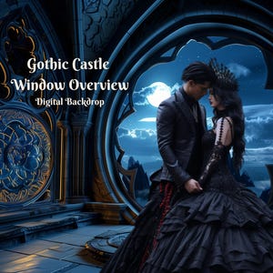 Pode incluir: Um casal vestido de preto está em uma janela de um castelo gótico com vista para um céu noturno com lua cheia. A janela é arqueada e tem uma intrincada obra de pedra. O texto "Gothic Castle Window Overview Digital Backdrop" está na parte superior da imagem.
