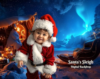 May include: A young child dressed as Santa Claus stands in front of a snowy winter scene with a sleigh and a cabin in the background. The child is wearing a red and white Santa suit with a white fur trim. The background is a digital backdrop with a blue sky and white clouds. The text "Santa's Sleigh - Digital Backdrop" is at the bottom of the image.