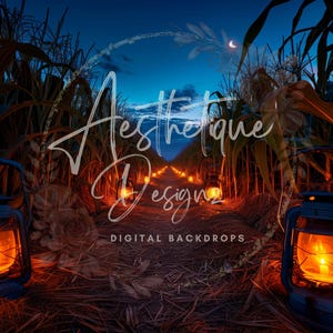 May include: Digital backdrop featuring a path through a cornfield at twilight.  Two antique-style lanterns with warm, glowing lights flank the path. The path is lined with additional lanterns, creating a magical, autumnal scene.  Text overlay reads: 'Aesthetic Designs', and 'DIGITAL BACKDROPS'.