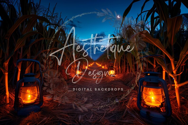May include: Digital backdrop featuring a path through a cornfield at twilight.  Two antique-style lanterns with warm, glowing lights flank the path. The path is lined with additional lanterns, creating a magical, autumnal scene.  Text overlay reads: 'Aesthetic Designs', and 'DIGITAL BACKDROPS'.