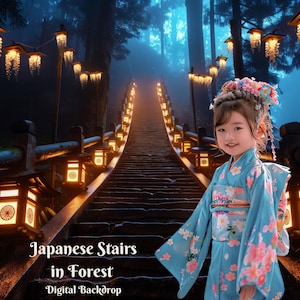 May include: A young girl wearing a blue and white kimono stands on a set of wooden stairs in a forest. The stairs are lit by lanterns and the forest is dark and mysterious. The image is a digital backdrop.