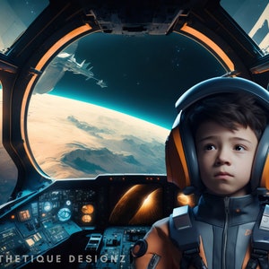 Puede incluir: Una persona joven con un auricular y un traje espacial, mirando por la ventana de una nave espacial. La vista desde la ventana muestra un planeta con una atmósfera azul y una estrella distante.